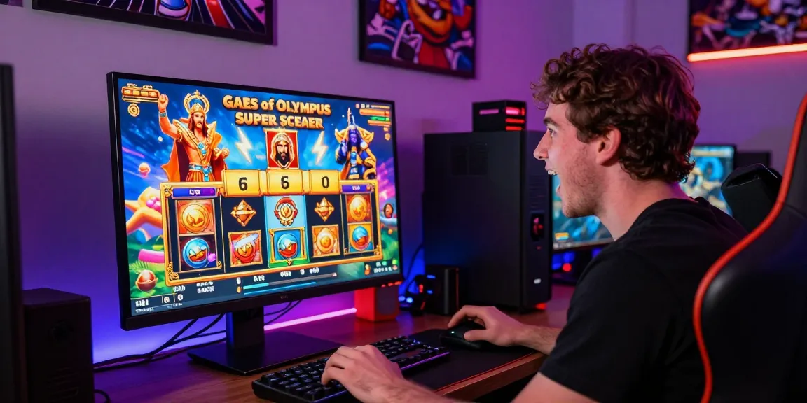 Pemain IMBAGACOR merayakan kemenangan besar pada Gates of Olympus Super Scatter dengan atmosfer ceria dan dekorasi gaming modern.