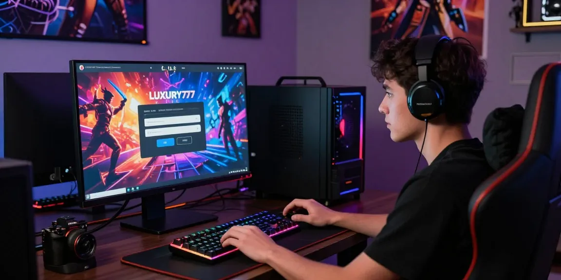 Proses login LUXURY777 pada layar komputer dengan suasana gaming yang dinamis.