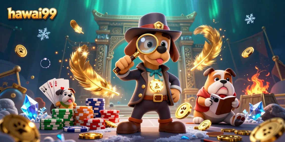 Engage with hawai99's thrilling poker adventure, featuring cartoon detectives uncovering golden chips.