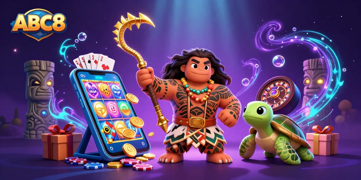Experience thrilling gaming with ABC8, highlighted by vibrant illustrations of diverse casino elements.
