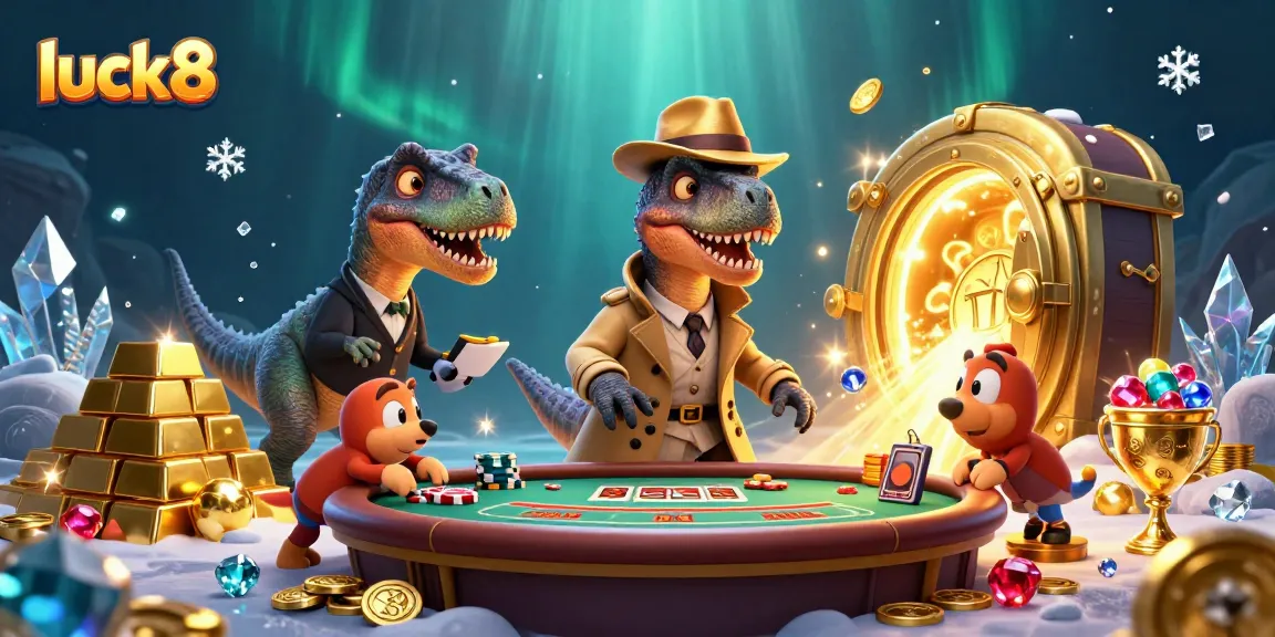 Experience luck8 thrilling gameplay with a velociraptor card counter and stegosaurus pit boss in vibrant casino setting.