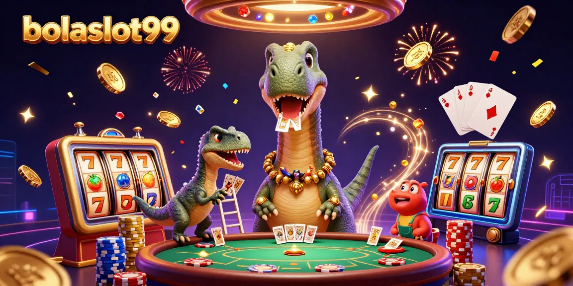 Bolaslot99 celebrates a massive jackpot with a brontosaurus in the casino, showcasing spinning reels and poker action.