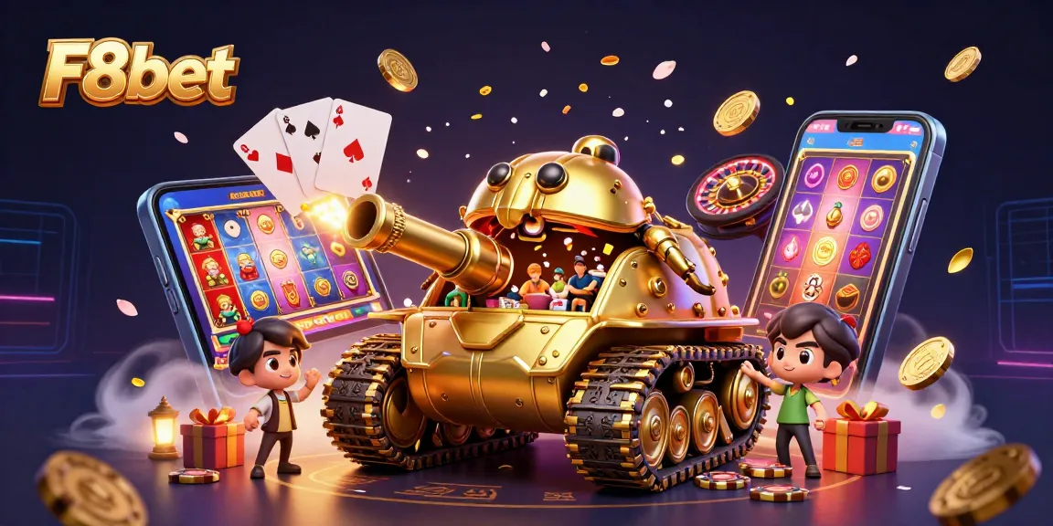 Experience thrilling casino action with F8bet’s unique miniature casino scene inside a golden tank.