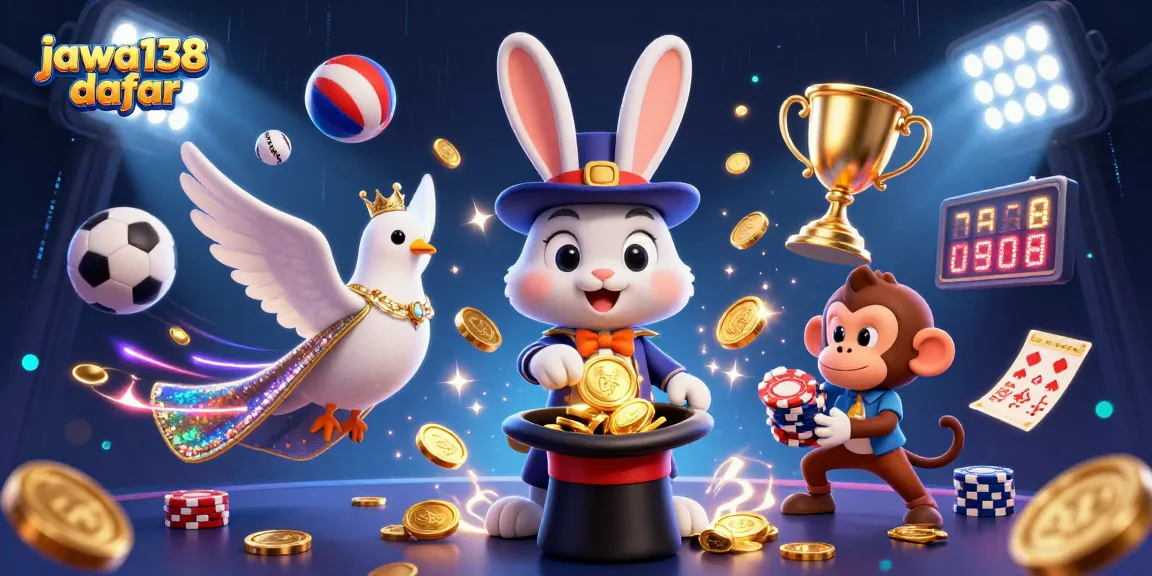 Engage with jawa138 daftar in this vibrant 3D illustration featuring a magician rabbit and exciting casino elements.