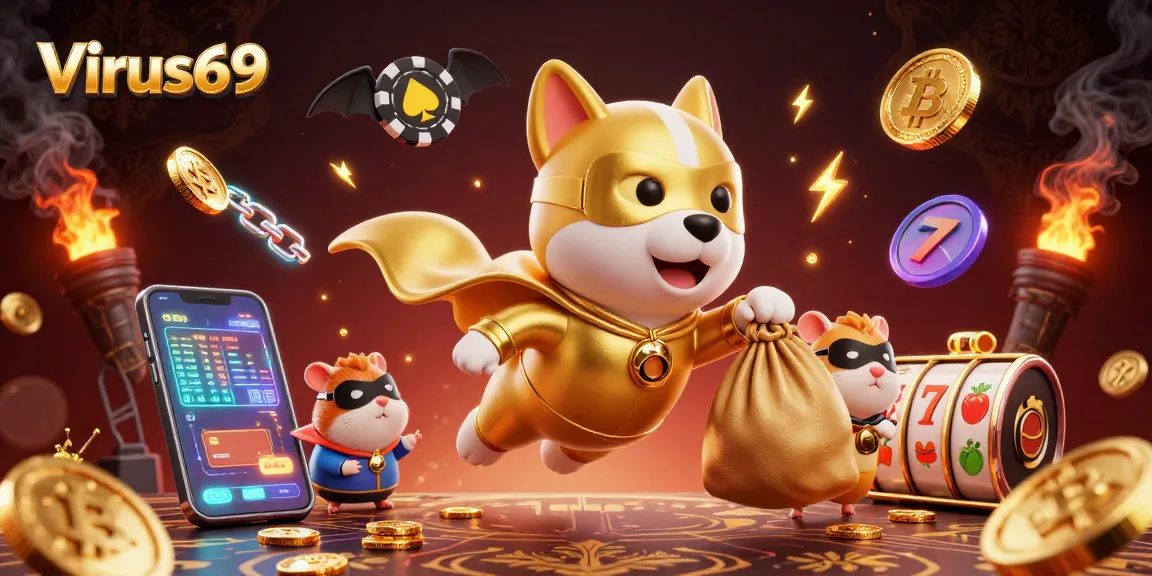 Experience exciting gaming at Virus69 with a superhero dog and gold coins amidst glowing crypto elements.